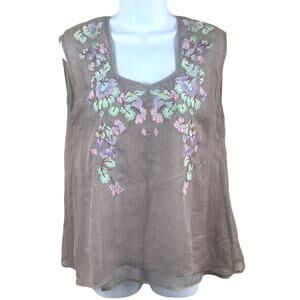 Love Stitch Sleeveless Blouse Flroal Embroidery Tank Top Brown Boho Women's L